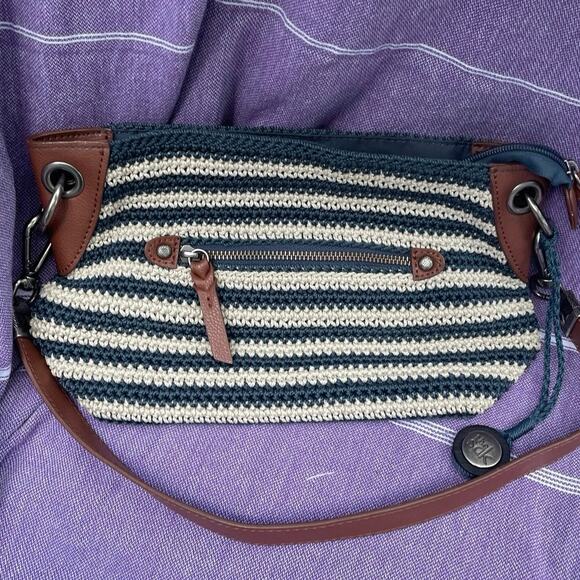 The Sak Crochet Crossbody Bag Ivory Black Striped Pink Floral Embroidered Boho - Picture 2 of 8